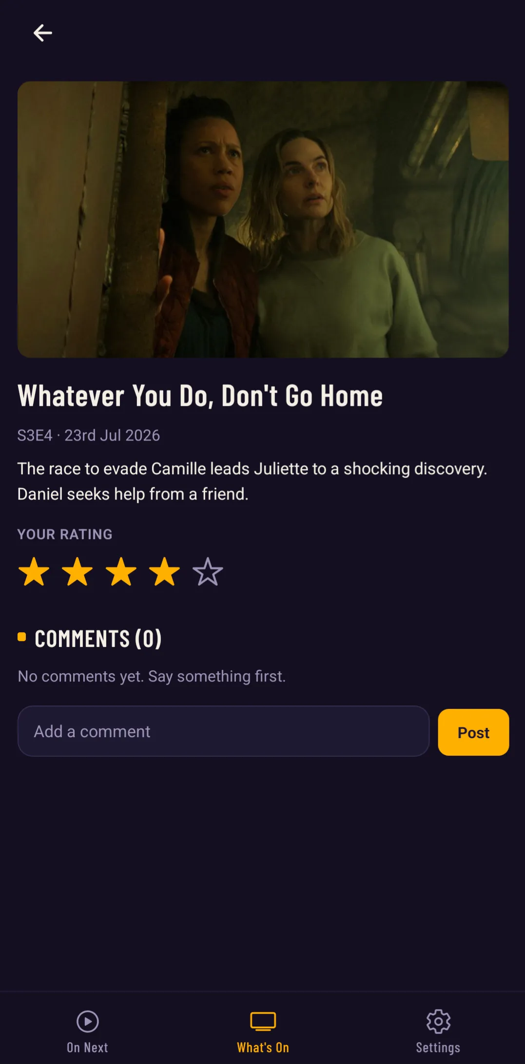 An episode page with the episode still, synopsis, a five-star rating row and the comments section