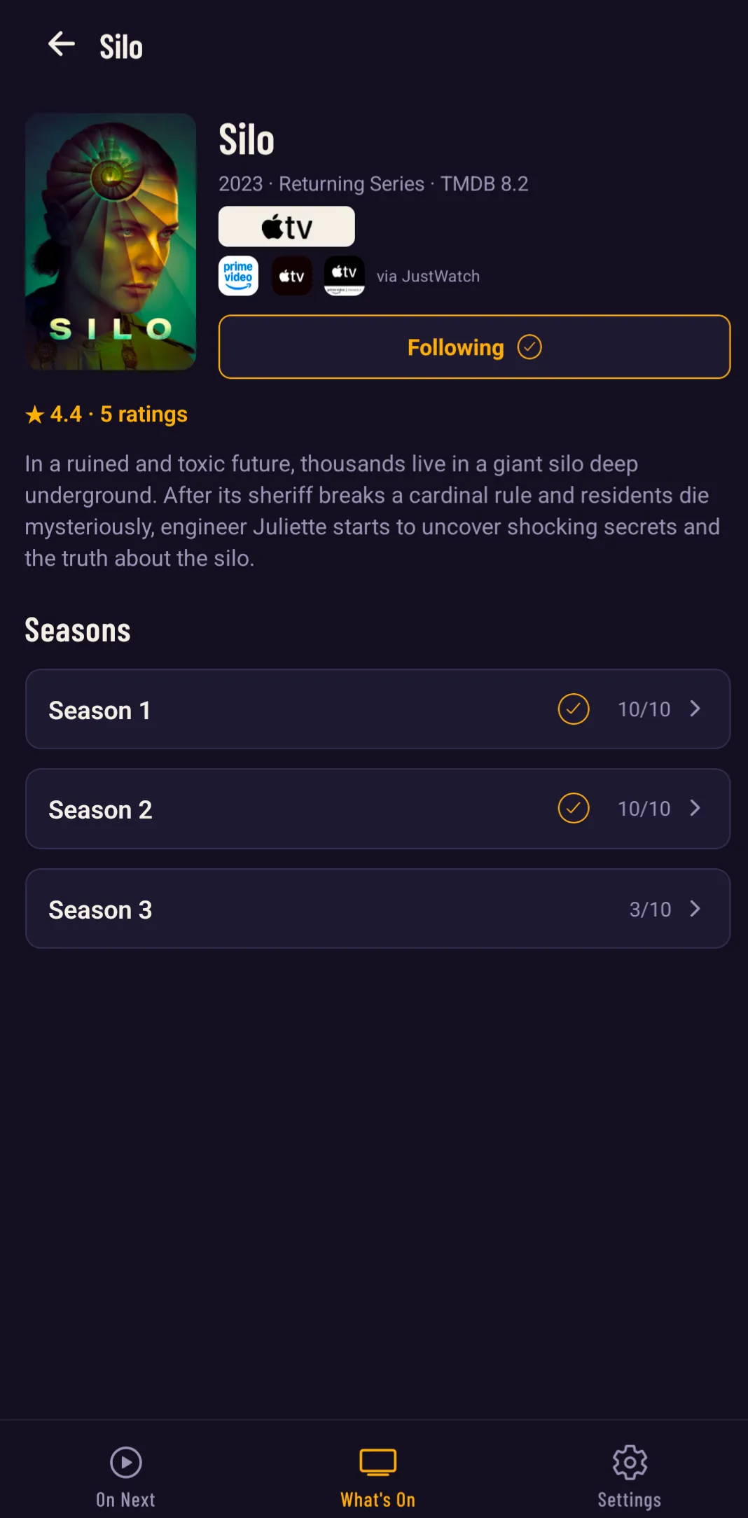 A show page for Silo with streaming providers, a Following button and season-by-season watch progress