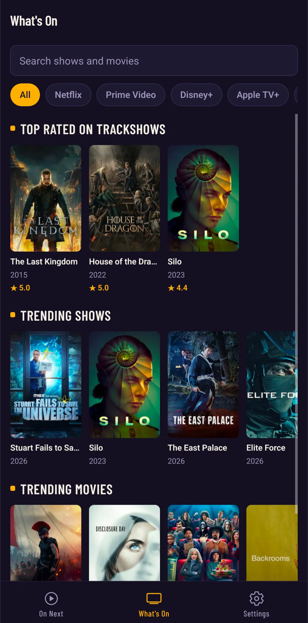 The What's On tab with search, streaming service filters, top rated shows and trending shows